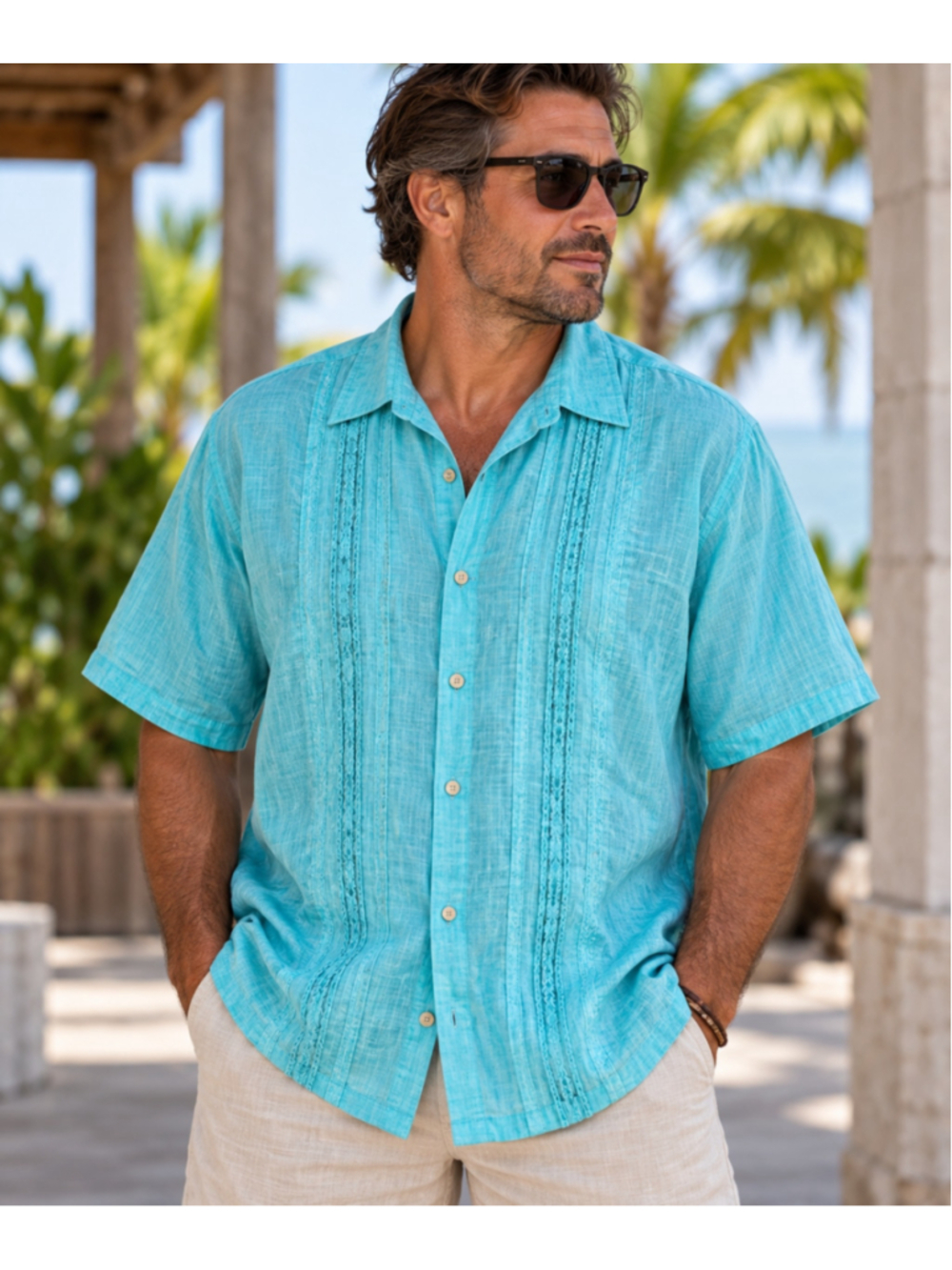 Men's Cubavera Linen Casual Button Down Shirt Turquoise XL